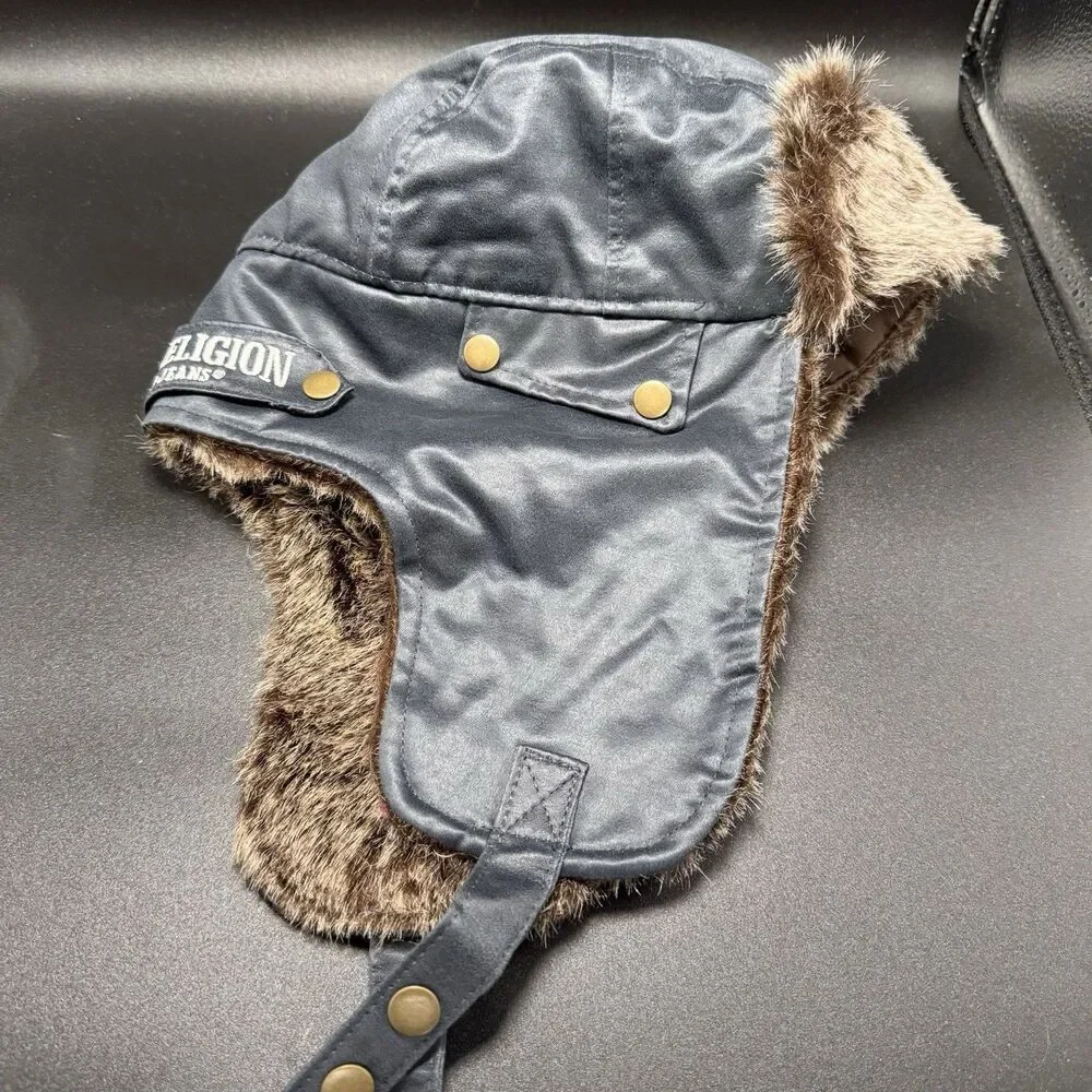 New True Religion Trapper Hat One Size Blue Faux Fur Lined Snap Ear Flaps